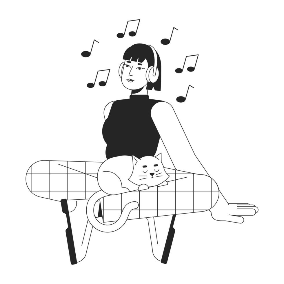 Listening music bw vector spot illustration. Asian headphones girl with cat 2D cartoon flat line monochromatic character for web UI design. Enjoying beats editable isolated outline hero image