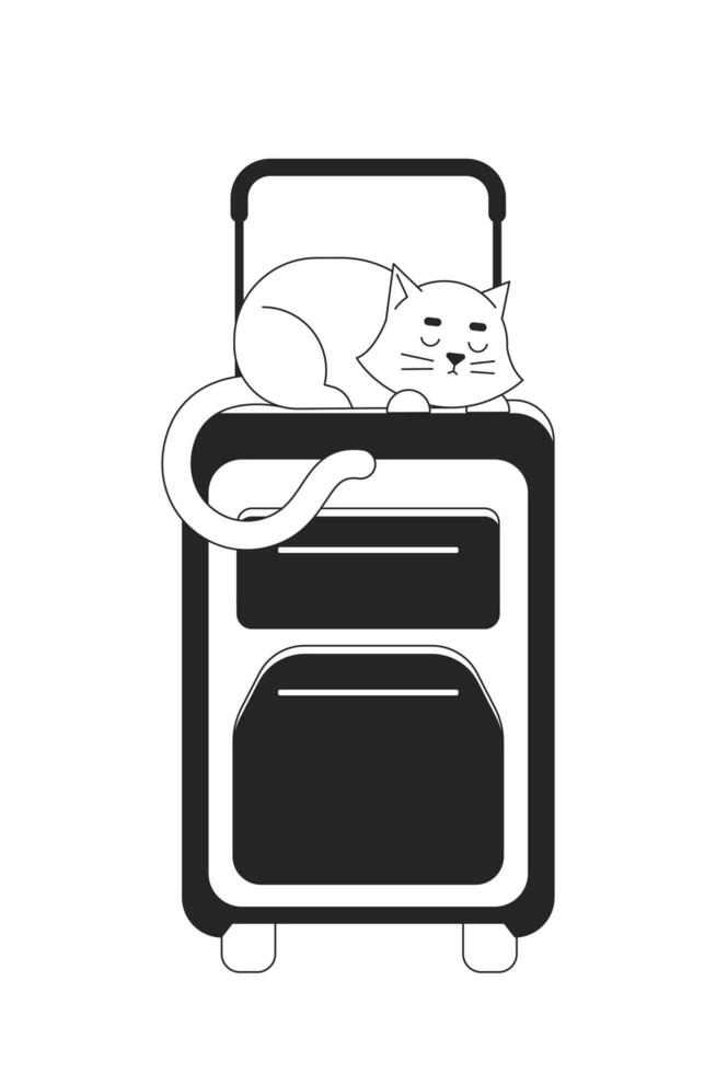 gato dormido en maleta bw vector Mancha ilustración. gatito acostado en equipaje parte superior 2d dibujos animados plano línea monocromo objeto para web ui diseño. verano vacaciones editable aislado contorno héroe imagen