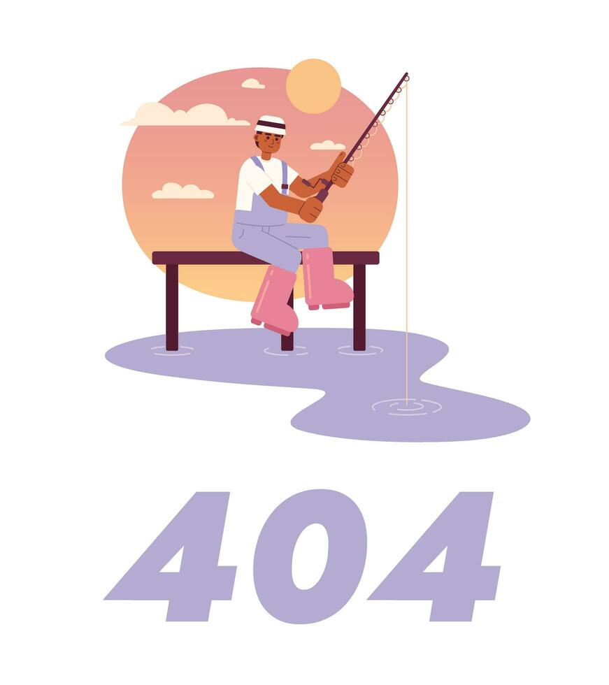 Fishing in sunset vector empty state illustration. Editable 404 not found for UX, UI design. Afro american fisherman dock isolated flat cartoon character on white. Error flash message for website, app