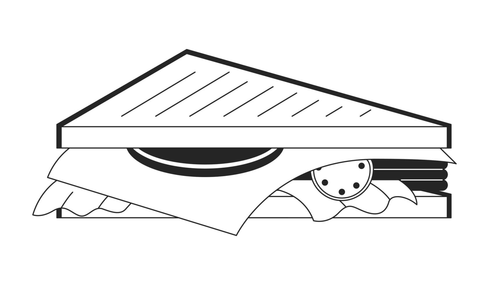 Sandwich ham cheese line art vector cartoon icon. Breakfast toast. Editorial, magazine spot illustration black and white. Outline object isolated on white. Editable 2D simple drawing, graphic design
