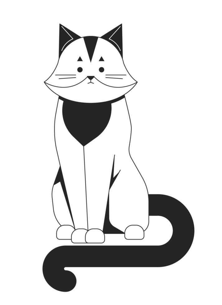 Funky cat line art vector cartoon character. Cute kawaii pet. Editorial, magazine spot illustration black and white. Full body outline animal isolated on white. Editable 2D drawing, graphic design