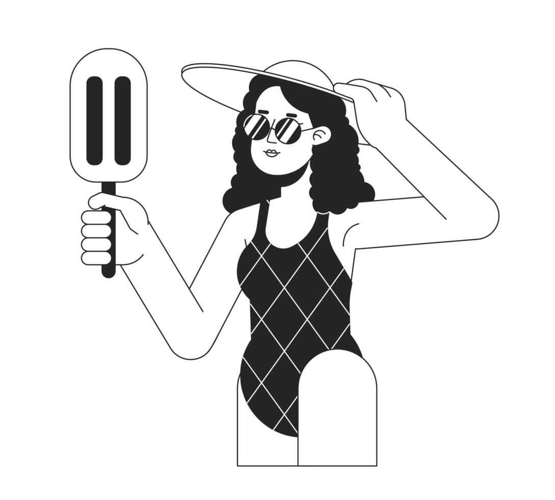 Ice cream in summer bw vector spot illustration. Sunglasses young woman enjoying summer break 2D cartoon flat line monochromatic character for web UI design. Editable isolated outline hero image