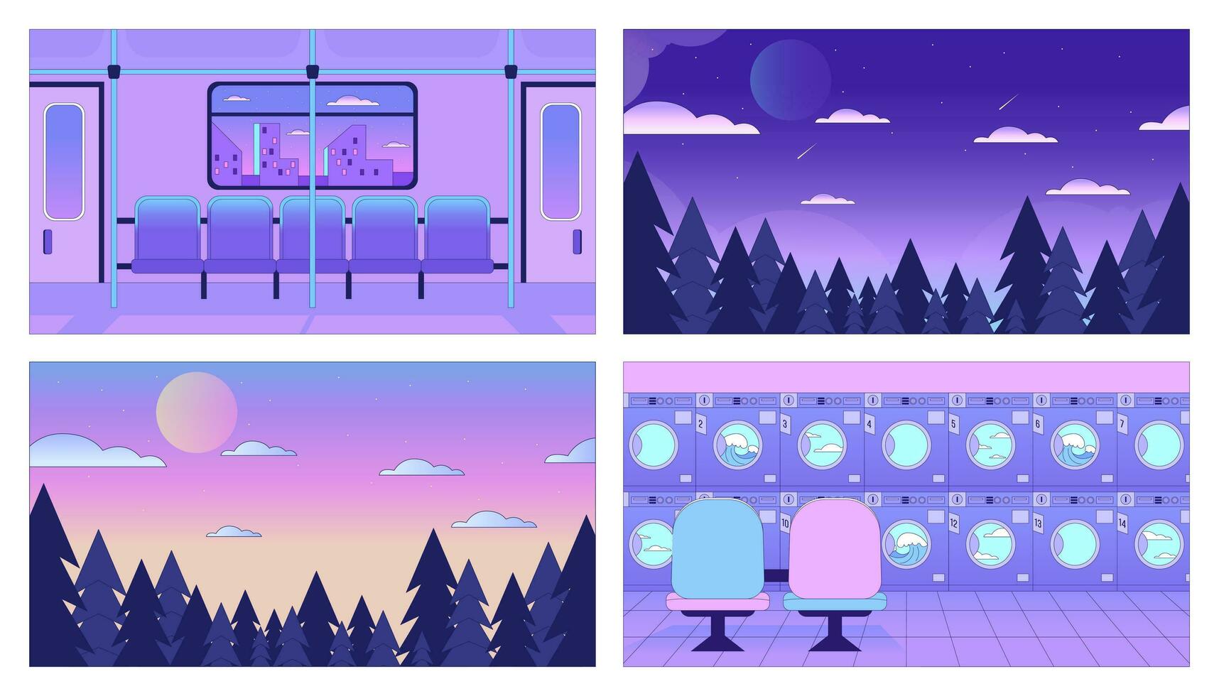 Neon purple interiors, landscapes lo fi chill wallpaper set. Skyline forest. Laundry, rail travel 2D vector cartoon illustrations pack, vaporwave background. 80s retro album art, synthwave aesthetics
