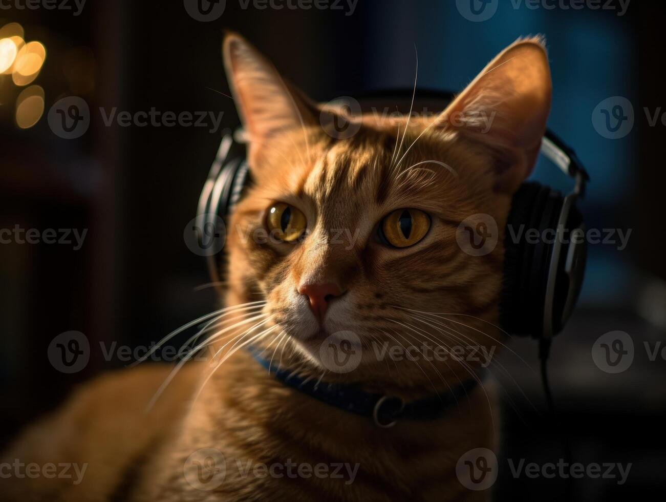 Cat in big headphones enjoys music. Created with technology photo