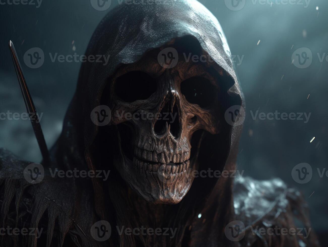 Halloween concept. Scary grim reaper skeleton in the forest Created with technology photo
