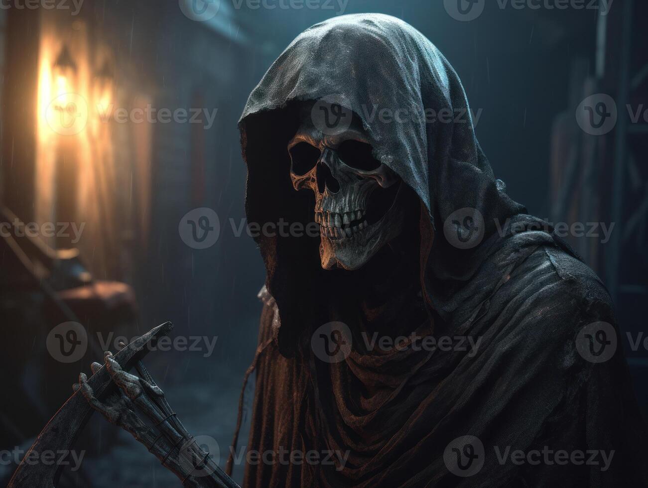 Halloween concept. Scary grim reaper skeleton in the forest Created with technology photo