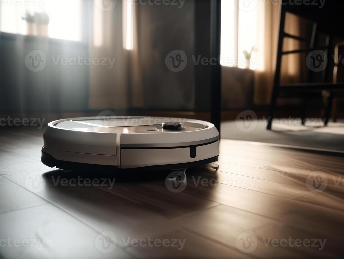 Robotic vacuum cleaner cleaning the floor in the living room. Cleaning service concept. Created with technology. photo