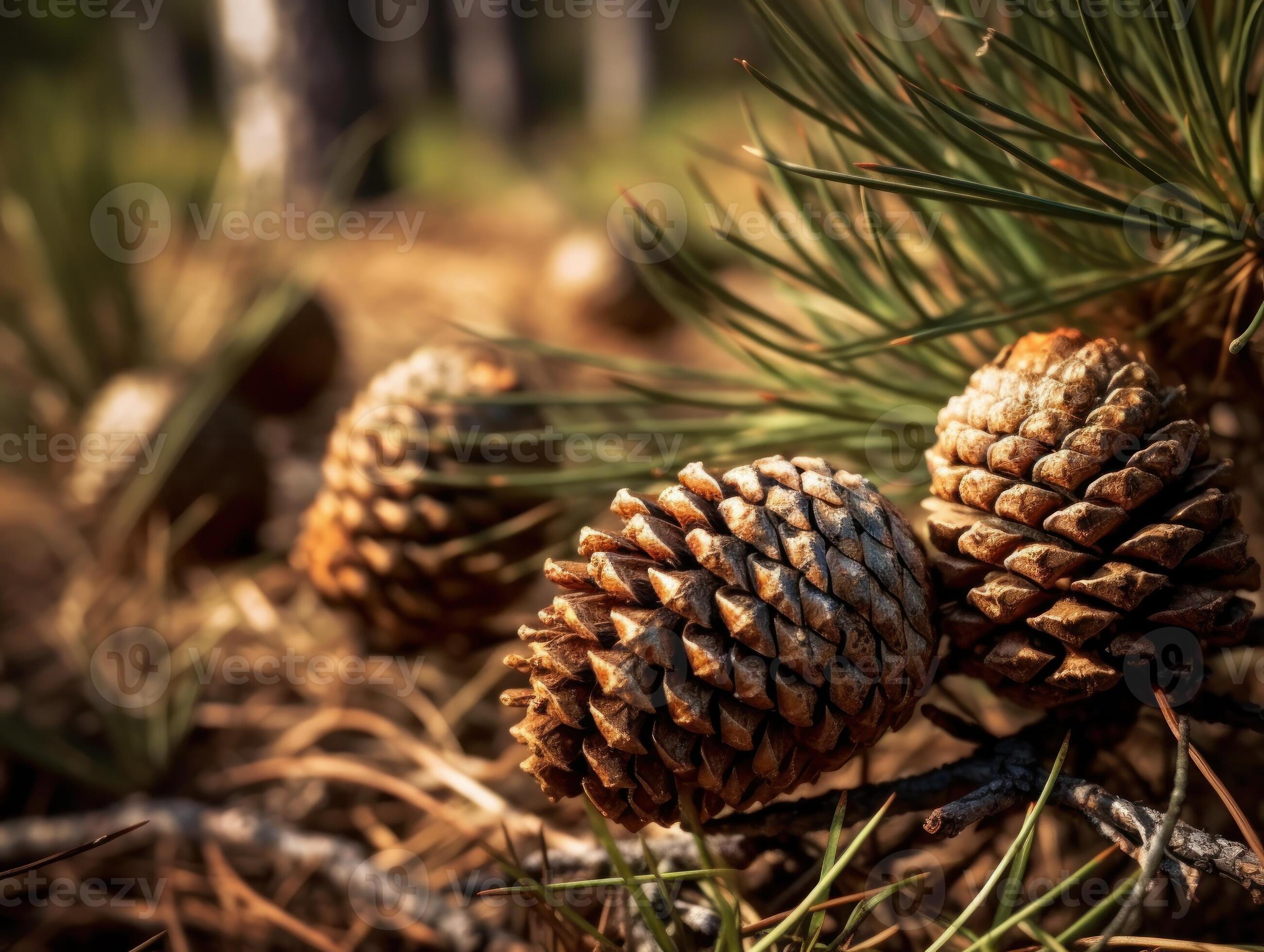 Pine cones in the forest. Selective focus. Created with Generative AI