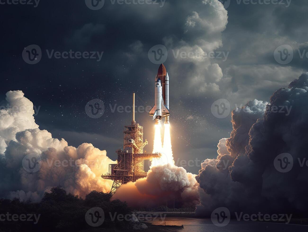 Space shuttle taking off into the sky Created with technology photo