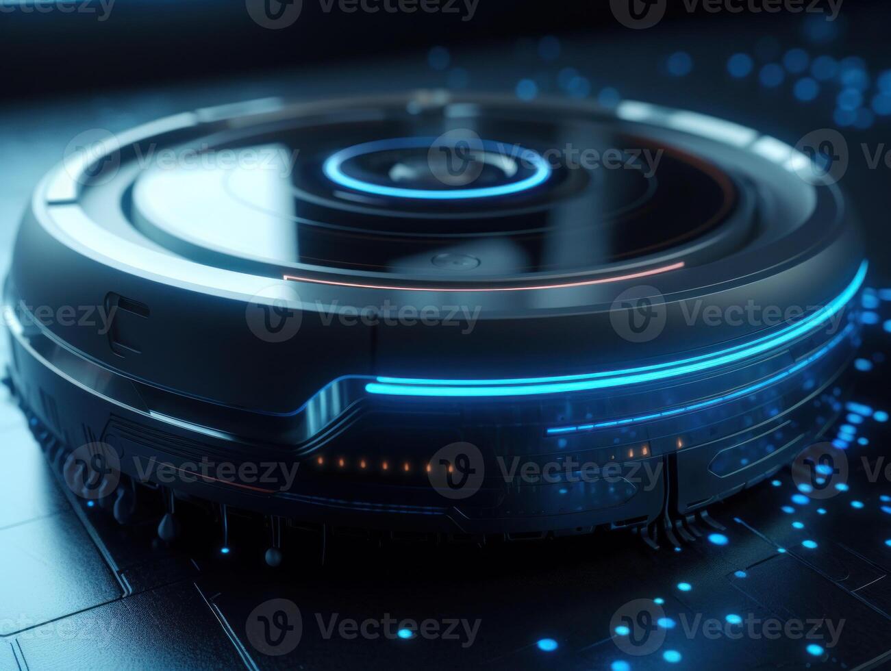 Robotic vacuum cleaner cleaning the floor in the living room. Cleaning service concept. Created with technology. photo
