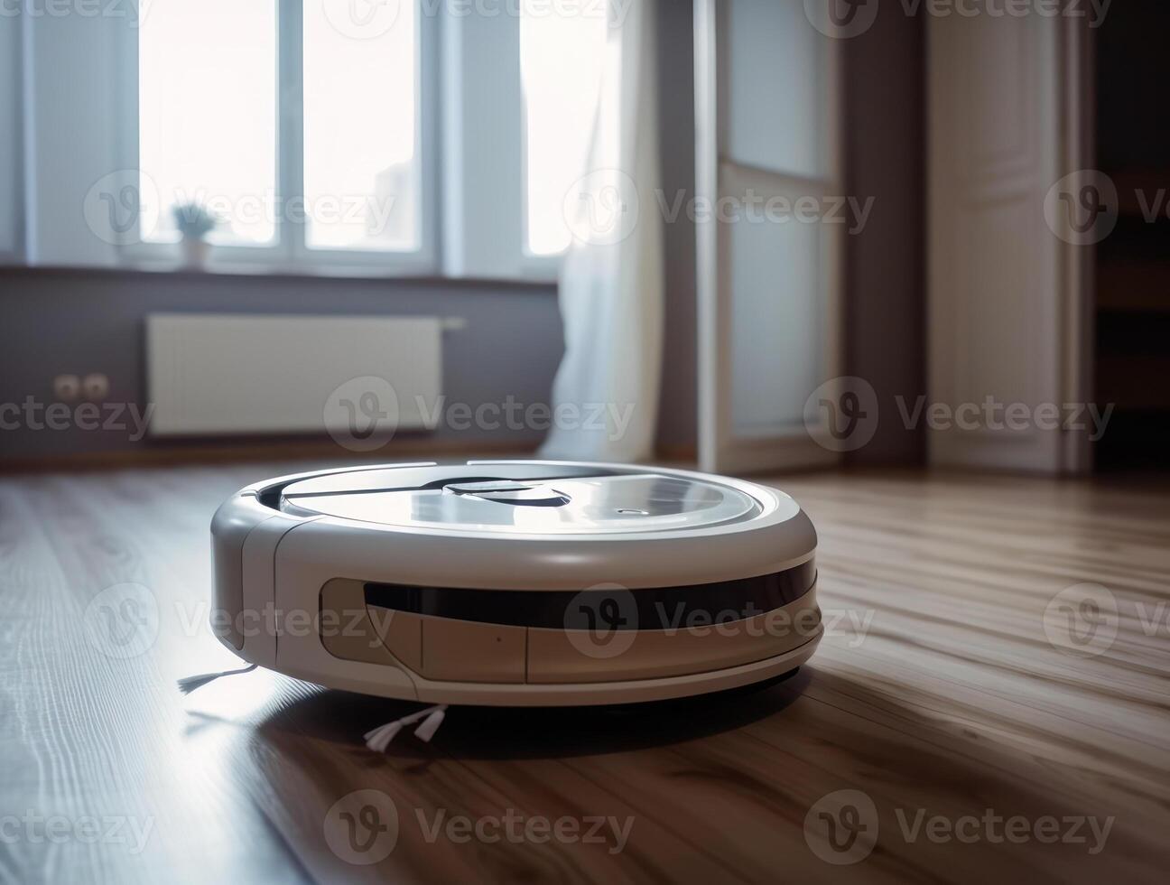 Robotic vacuum cleaner cleaning the floor in the living room. Cleaning service concept. Created with technology. photo