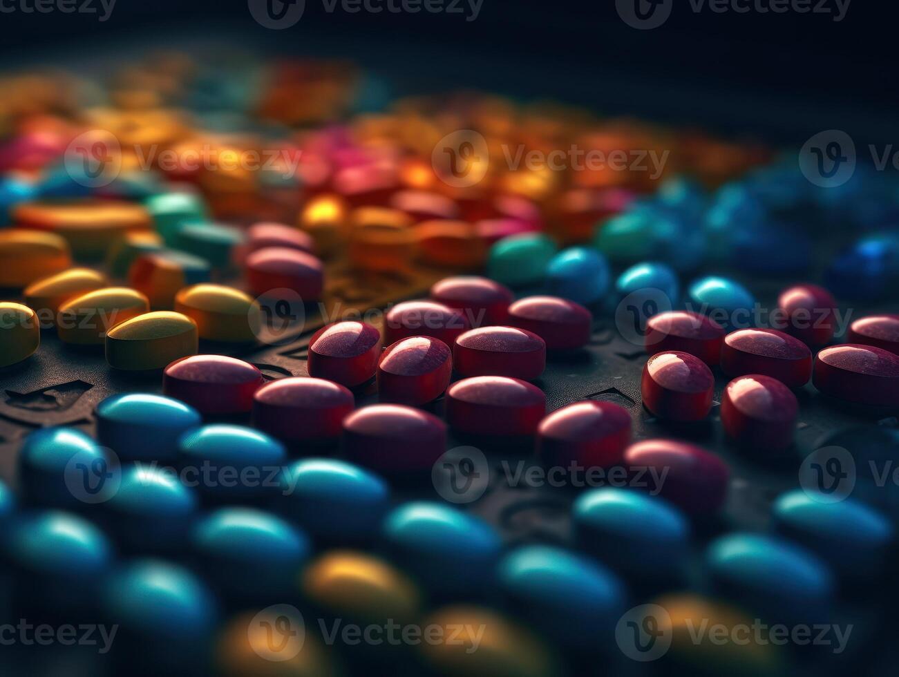 Many colorful pills on a dark background Geometric composition Created with technology photo