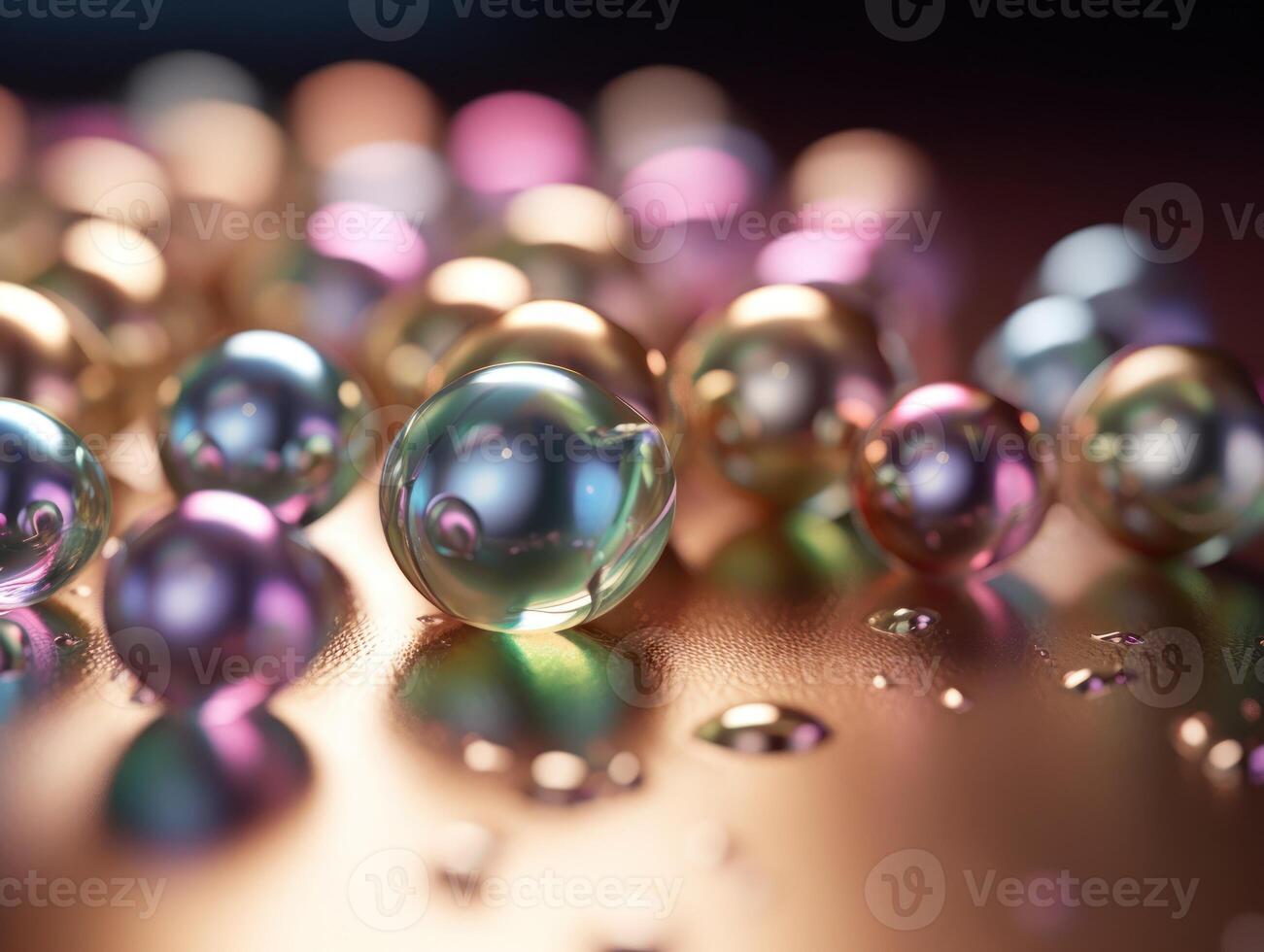 Iridescent pearl spheres on a dark background Liquid dynamic shapes Created with technology. photo