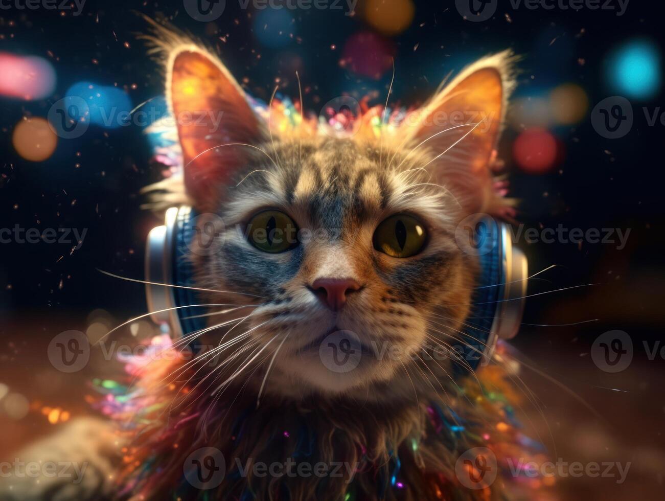Cat in big headphones enjoys music. Created with technology photo