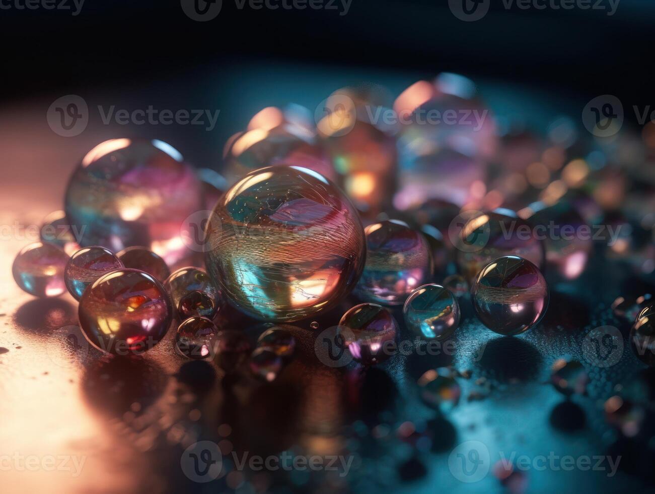 Iridescent pearl spheres on a dark background Liquid dynamic shapes Created with technology. photo