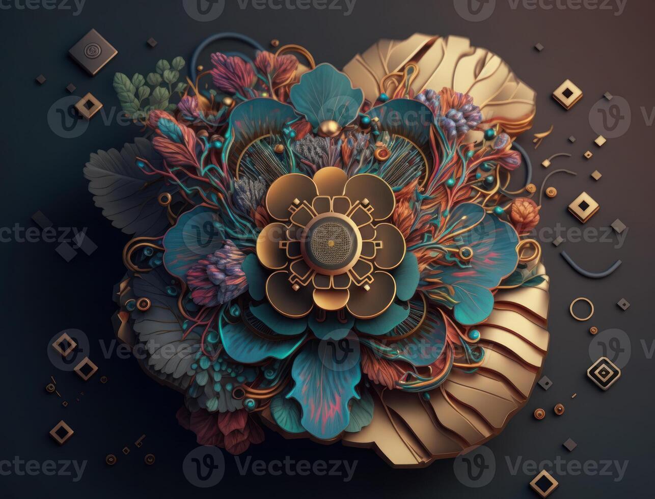 Bismuth flowers cubes hybrid background created with technology photo