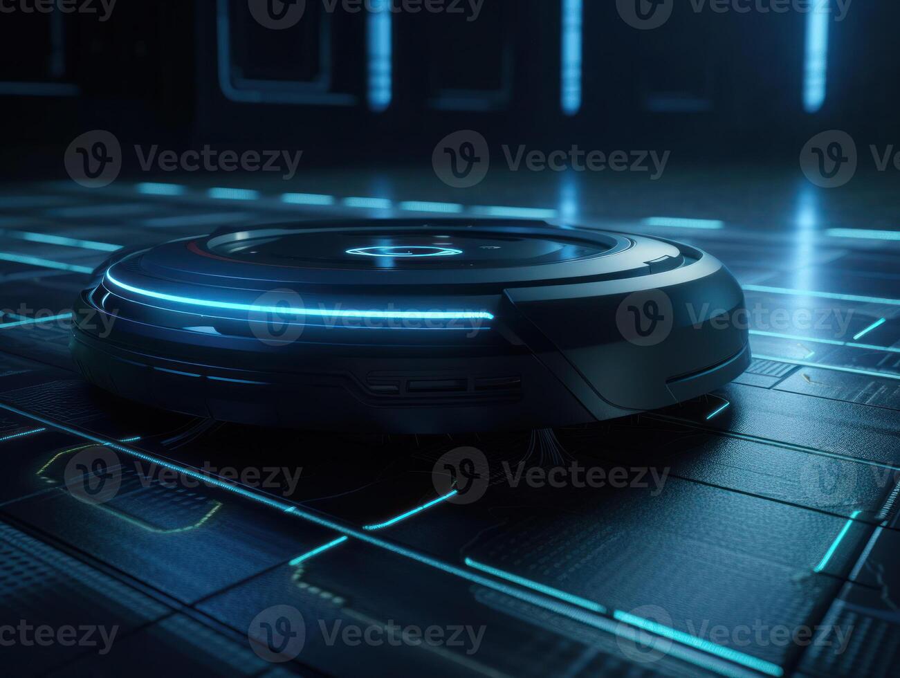 Robotic vacuum cleaner cleaning the floor in the living room. Cleaning service concept. Created with technology. photo