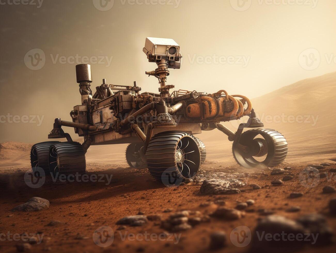 Rover on Mars surface. Exploration of red planet. Created with technology. photo