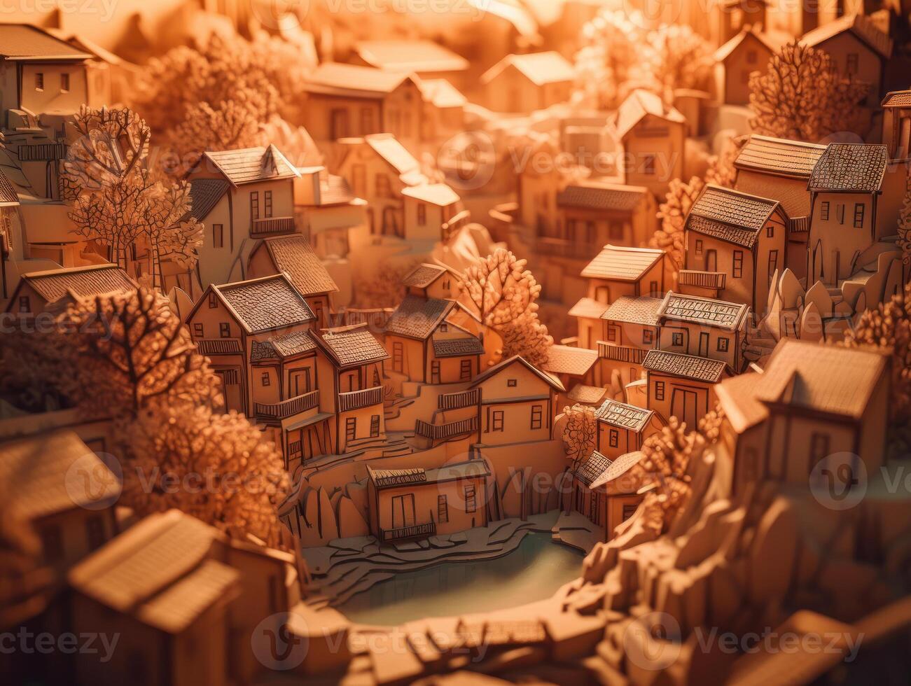 Colorful papercraft medieval city paper cut terrain background created with technology. photo