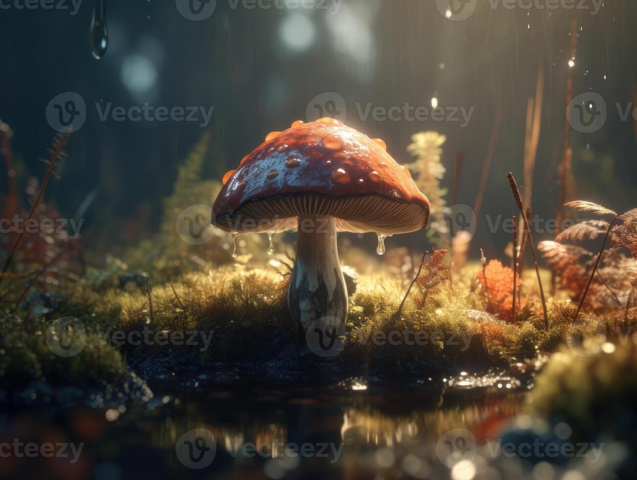 Mushroom in the forest. Beautiful red fly agaric in the moss. Created with technology photo