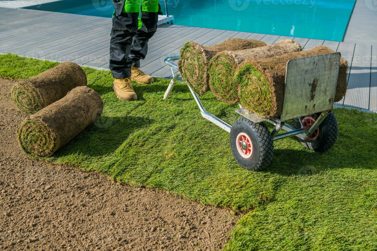 Tuft Grass Rolls Loaded on Hand Truck photo