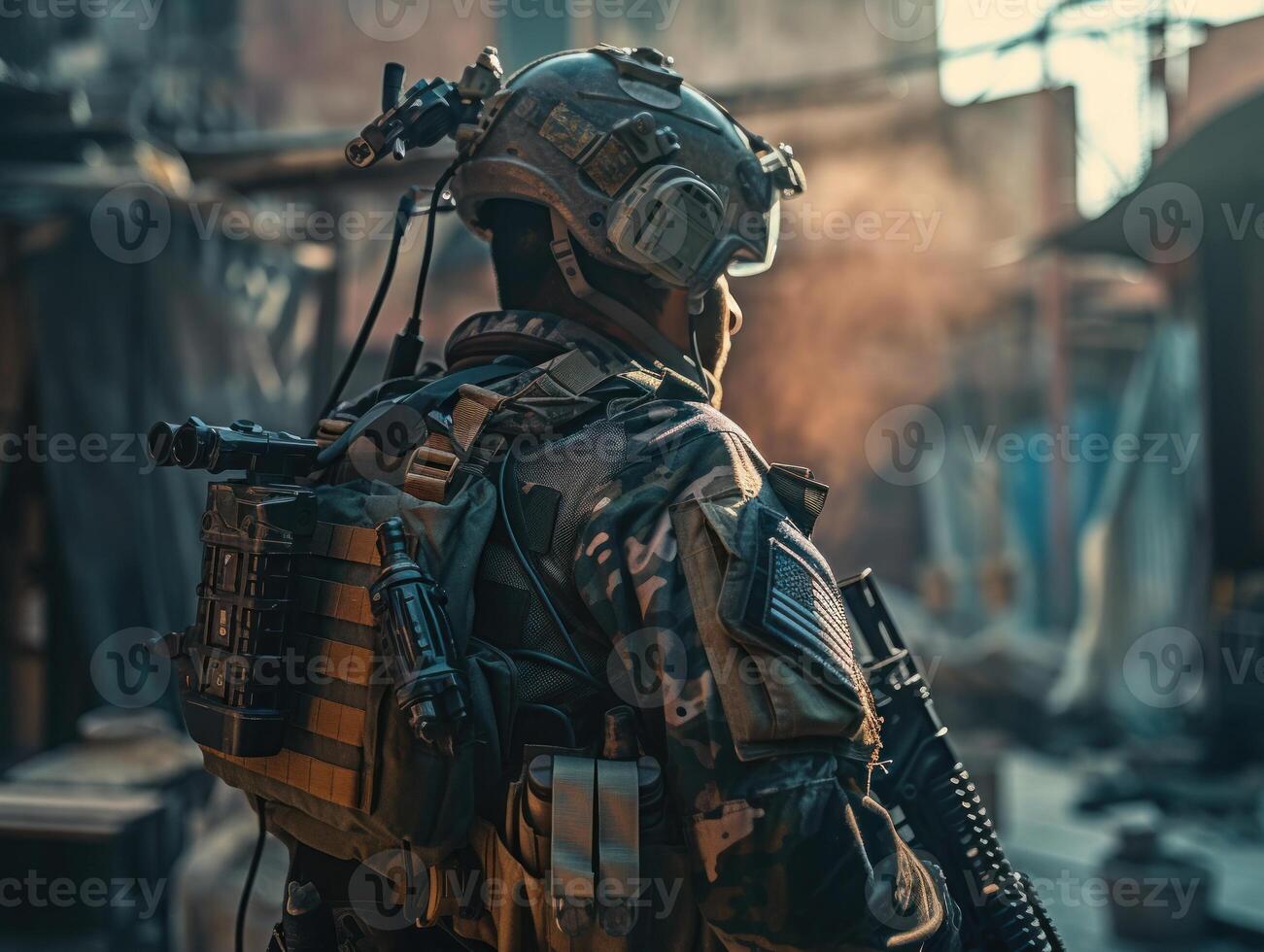 unido estados Ejército especial efectivo soldado en uniforme y casco con asalto rifle creado con generativo ai tecnología foto