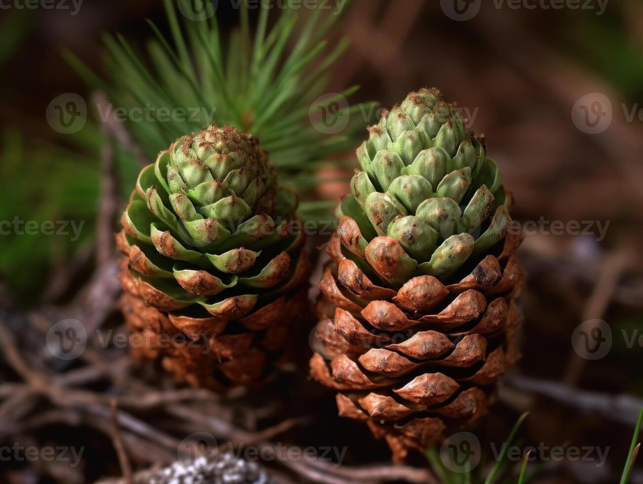 pino conos en el bosque. selectivo enfocar. creado con generativo ai tecnología. foto