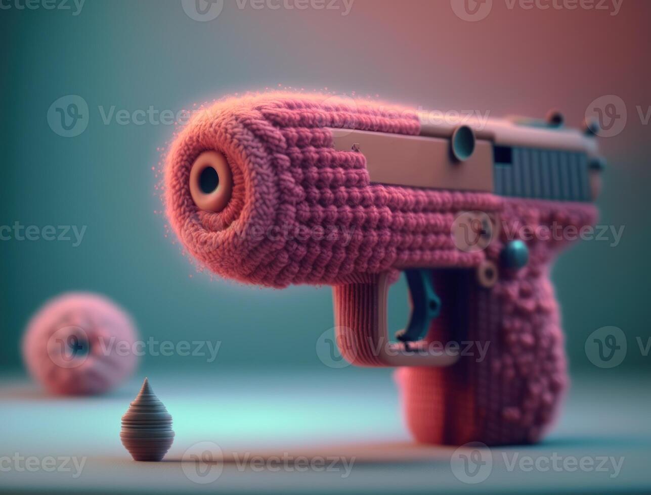 Knitted toy pink gun on a blue background created with technology. photo