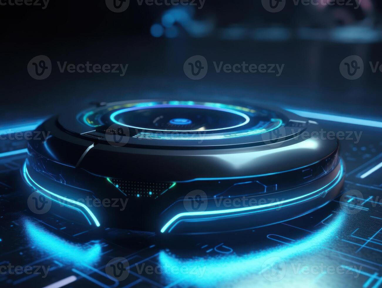 Robotic vacuum cleaner cleaning the floor in the living room. Cleaning service concept. Created with technology. photo