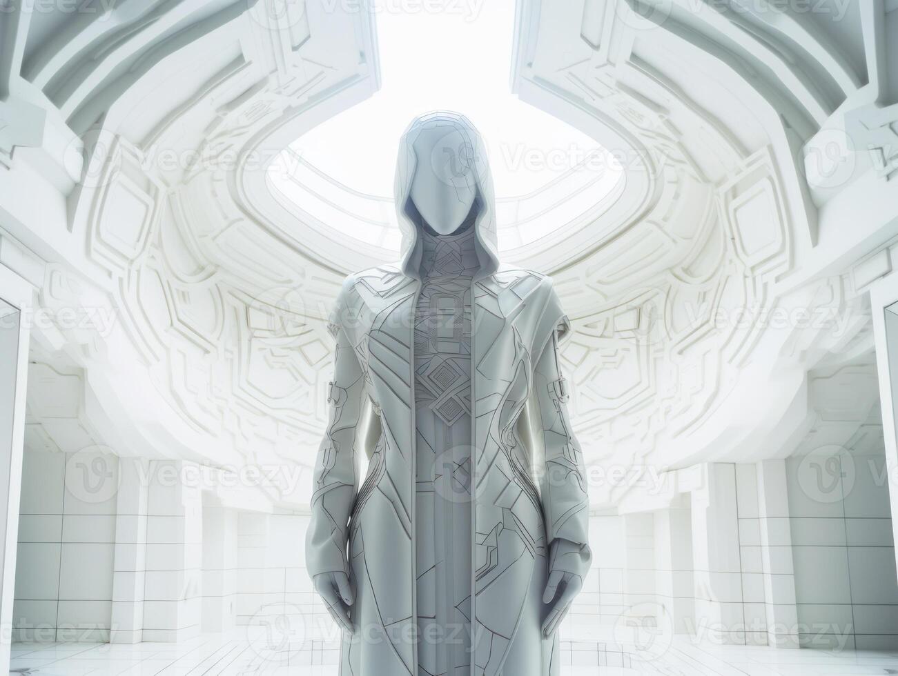 A futuristic female mannequin in a white dress and mask stands in a futuristic white room interior Symmetrical composition Created with technology photo