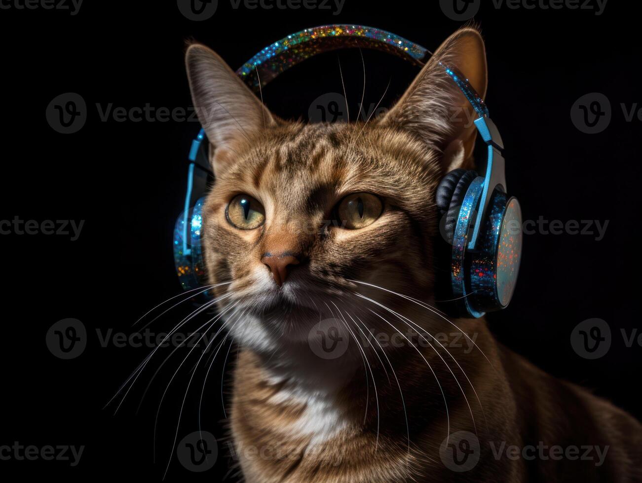 Cat in big headphones enjoys music. Created with technology photo