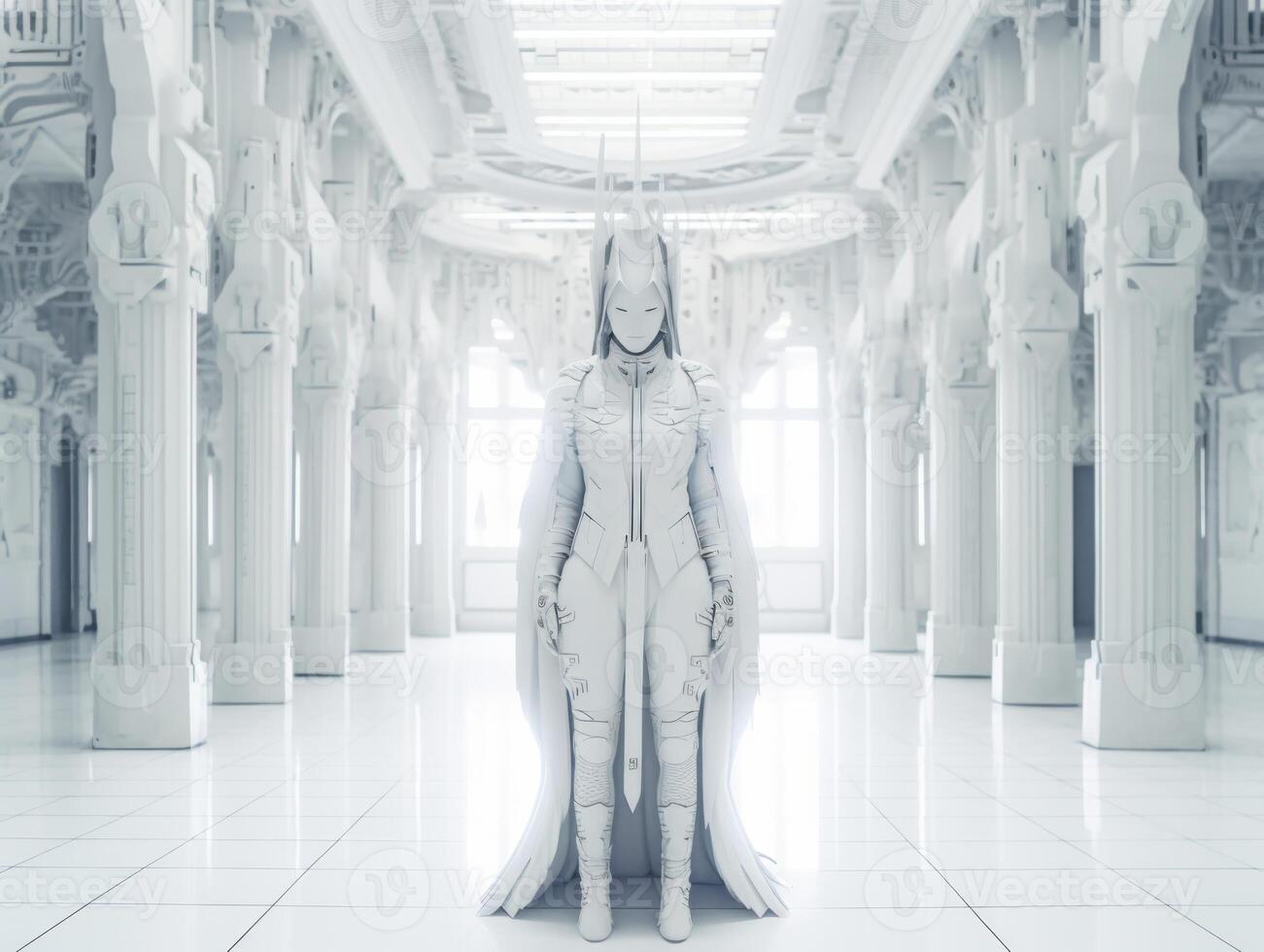 A futuristic female mannequin in a white dress and mask stands in a futuristic white room interior Symmetrical composition Created with technology photo