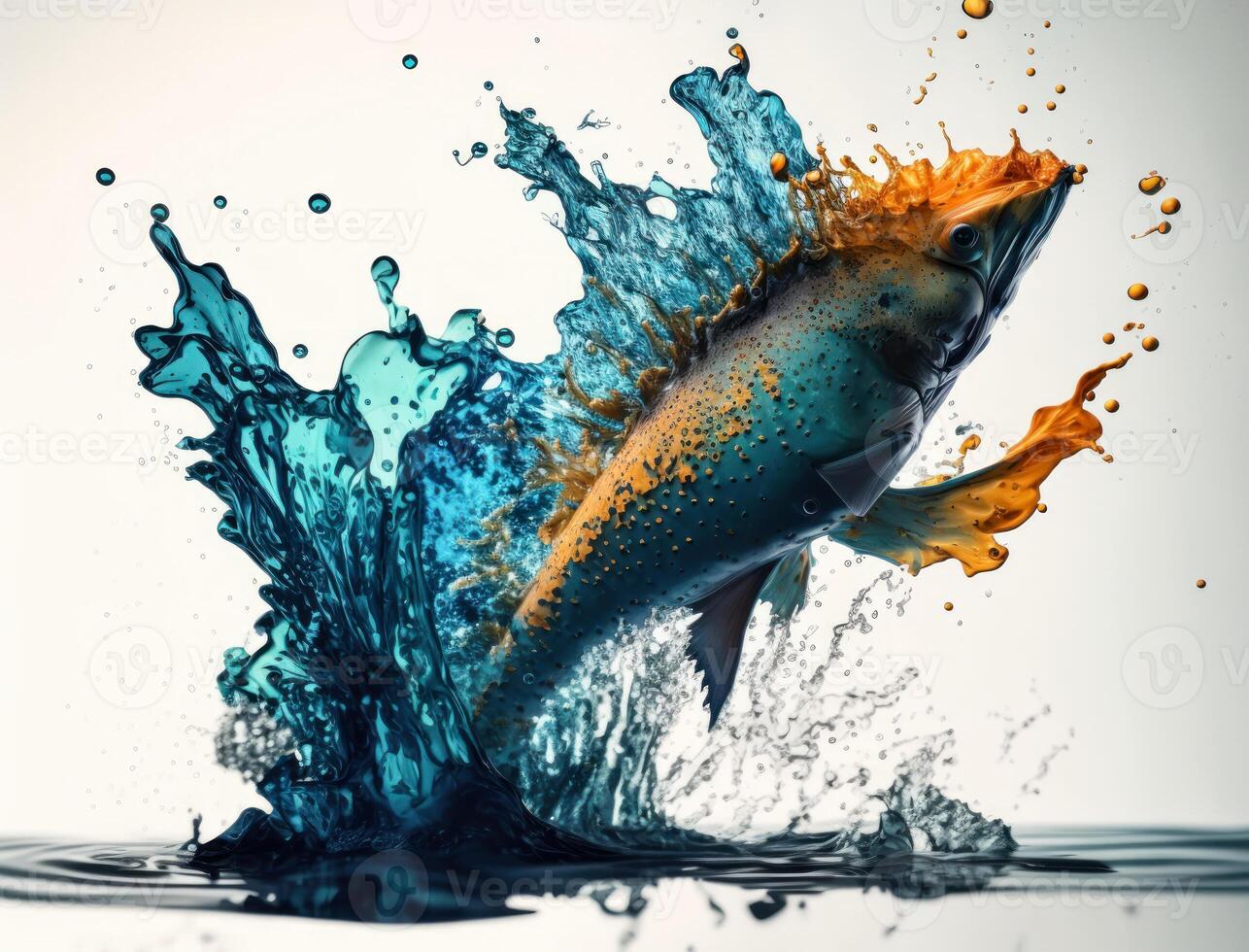 Splash of blue water with flying fish created with technology. photo