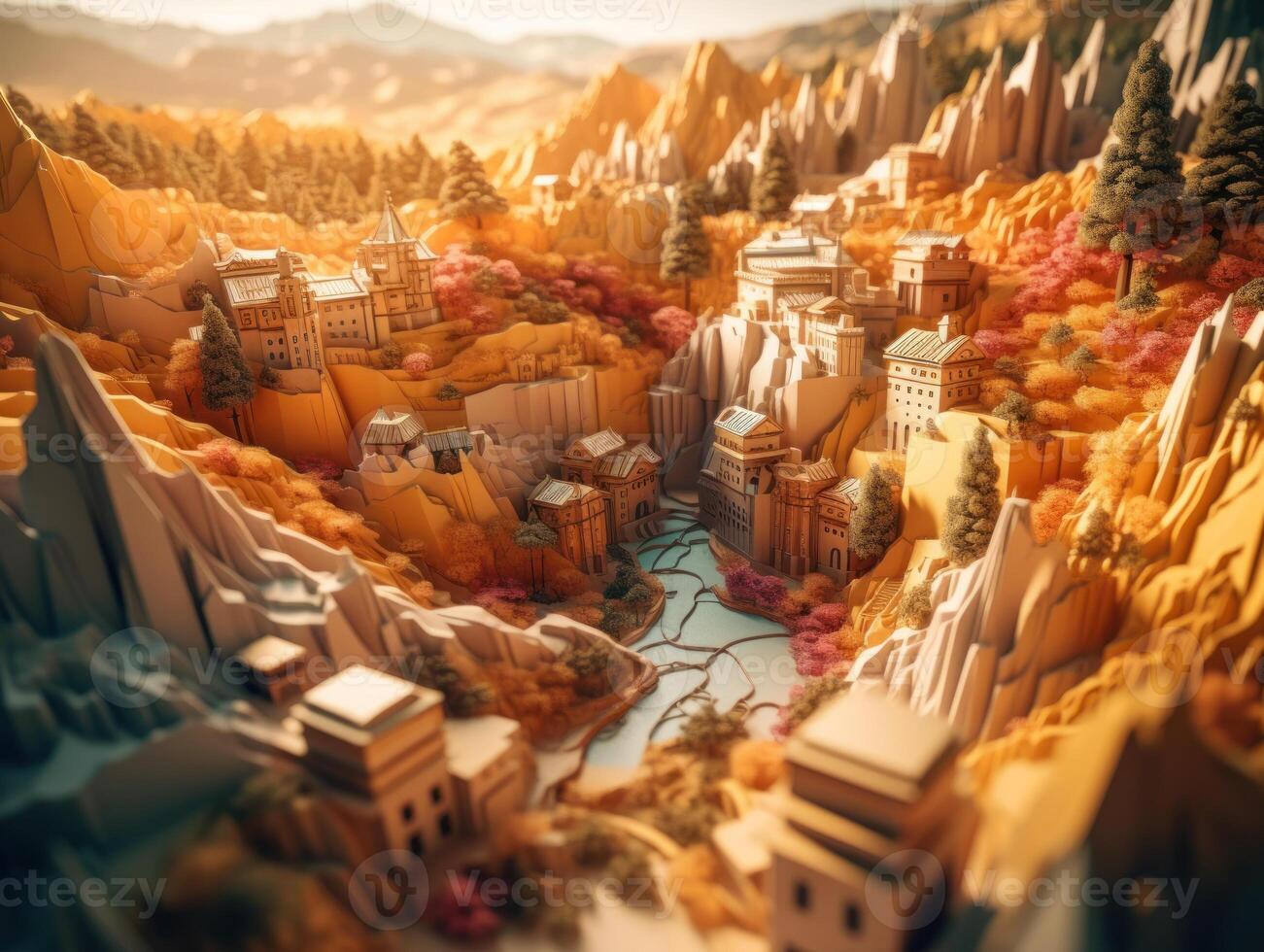 Colorful papercraft medieval city paper cut terrain background created with technology. photo