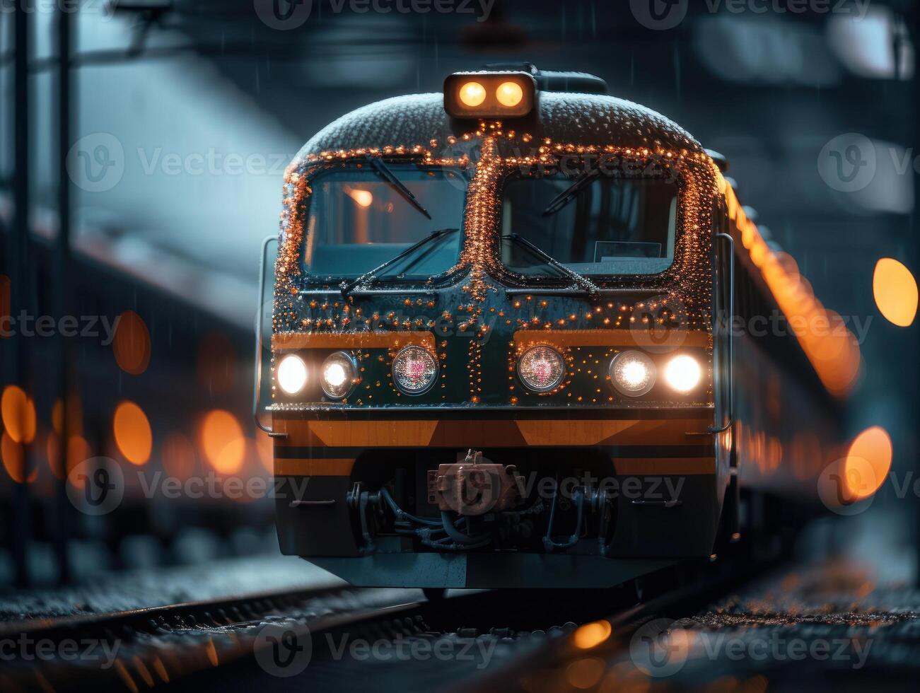 Train on the railway tracks at night in the rain. The concept of travel. Created with technology. photo