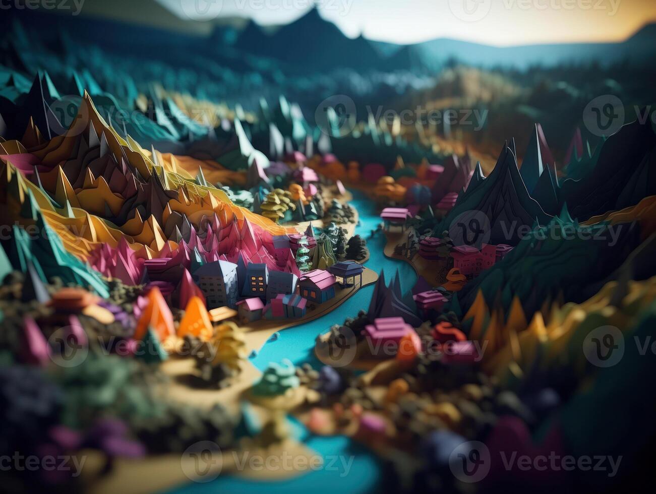 Colorful papercraft medieval city paper cut terrain background created with technology. photo