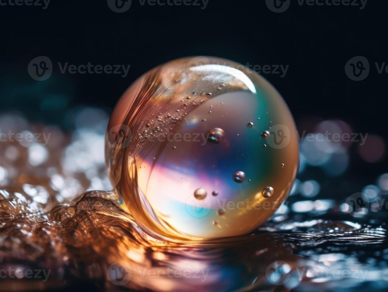 Iridescent pearl spheres on a dark background Liquid dynamic shapes Created with technology. photo