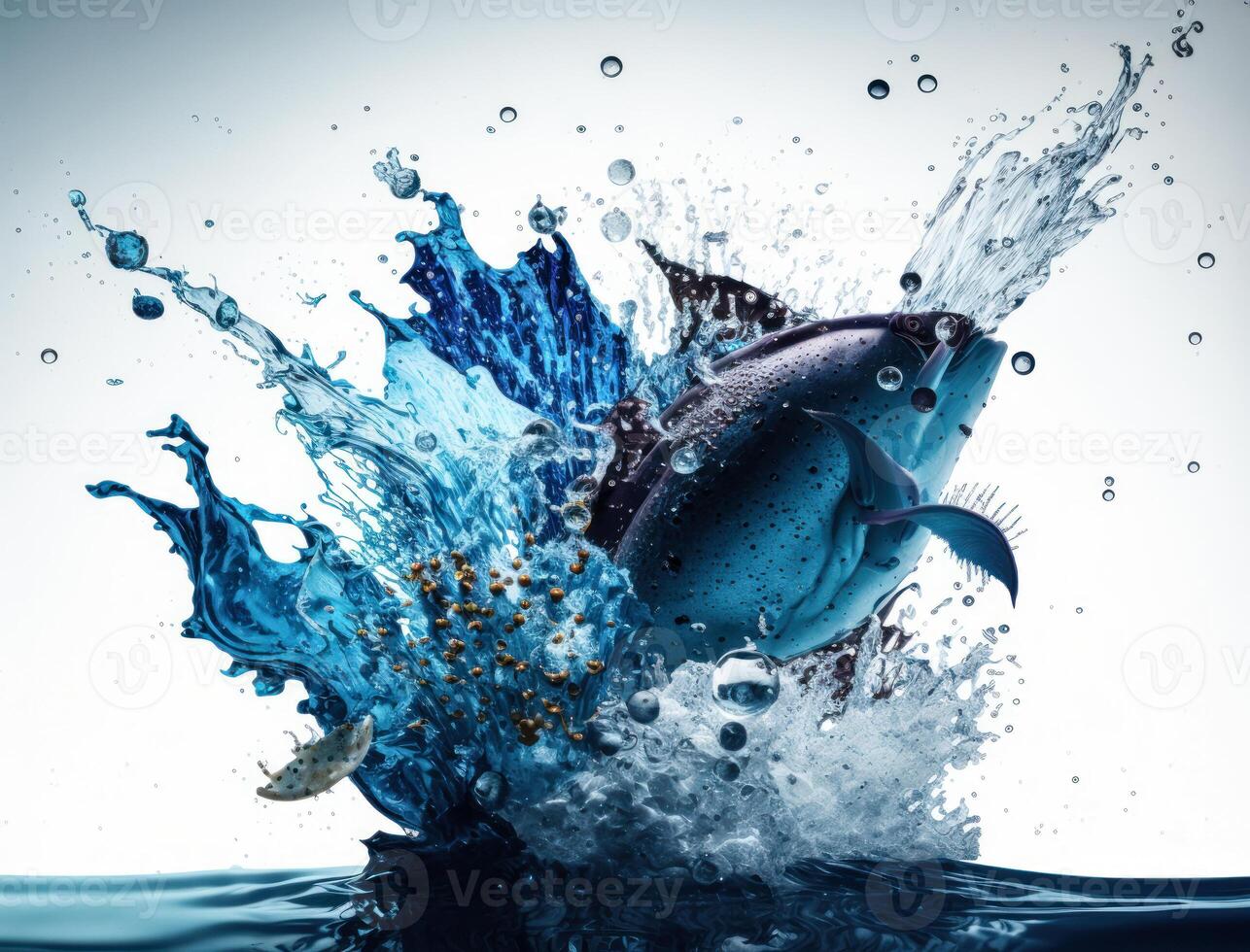 Splash of blue water with flying fish created with technology. photo