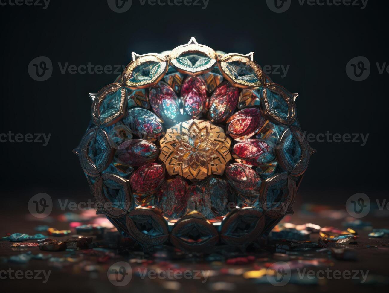 Mandala made by Quartz on a black background. Sacred geometry. Mysterious psychedelic relaxation pattern. Fractal abstract texture. Created with technology. photo