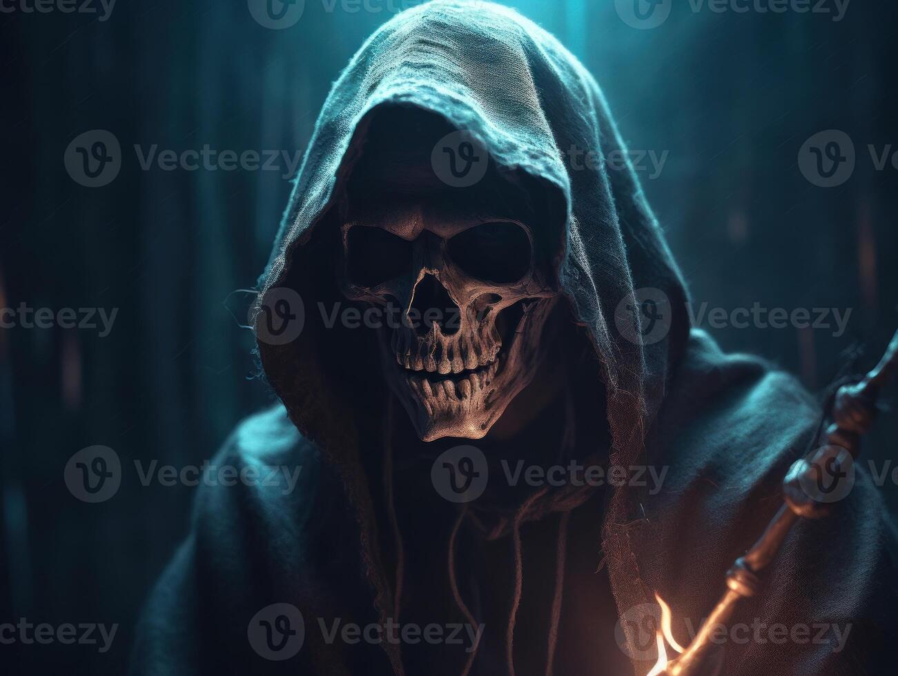 Halloween concept. Scary grim reaper skeleton in the forest Created with technology photo