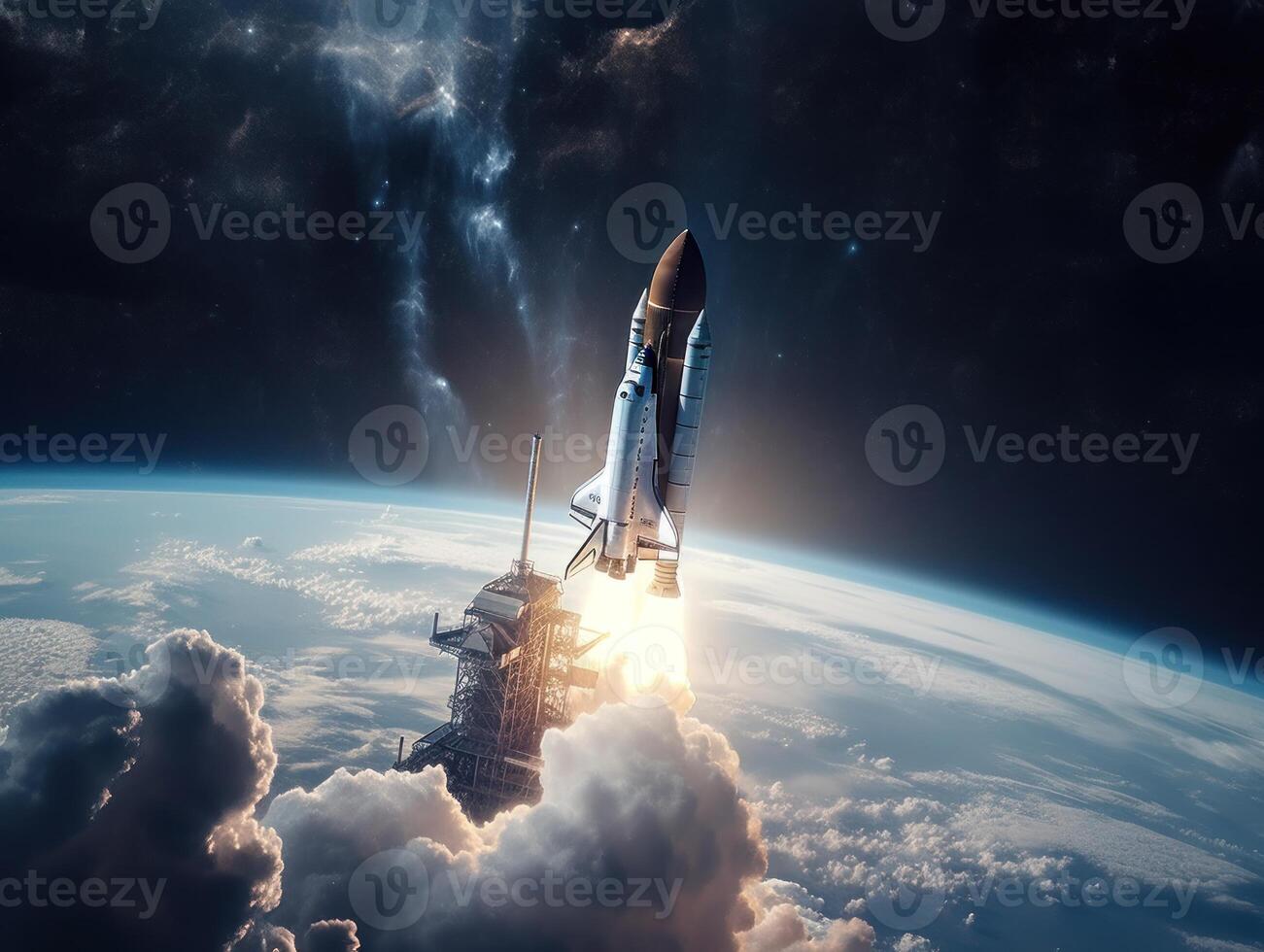 Space shuttle taking off into the sky Created with technology photo