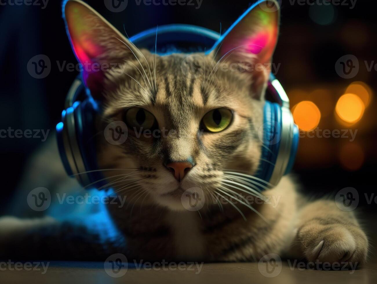 Cat in big headphones enjoys music. Created with technology photo