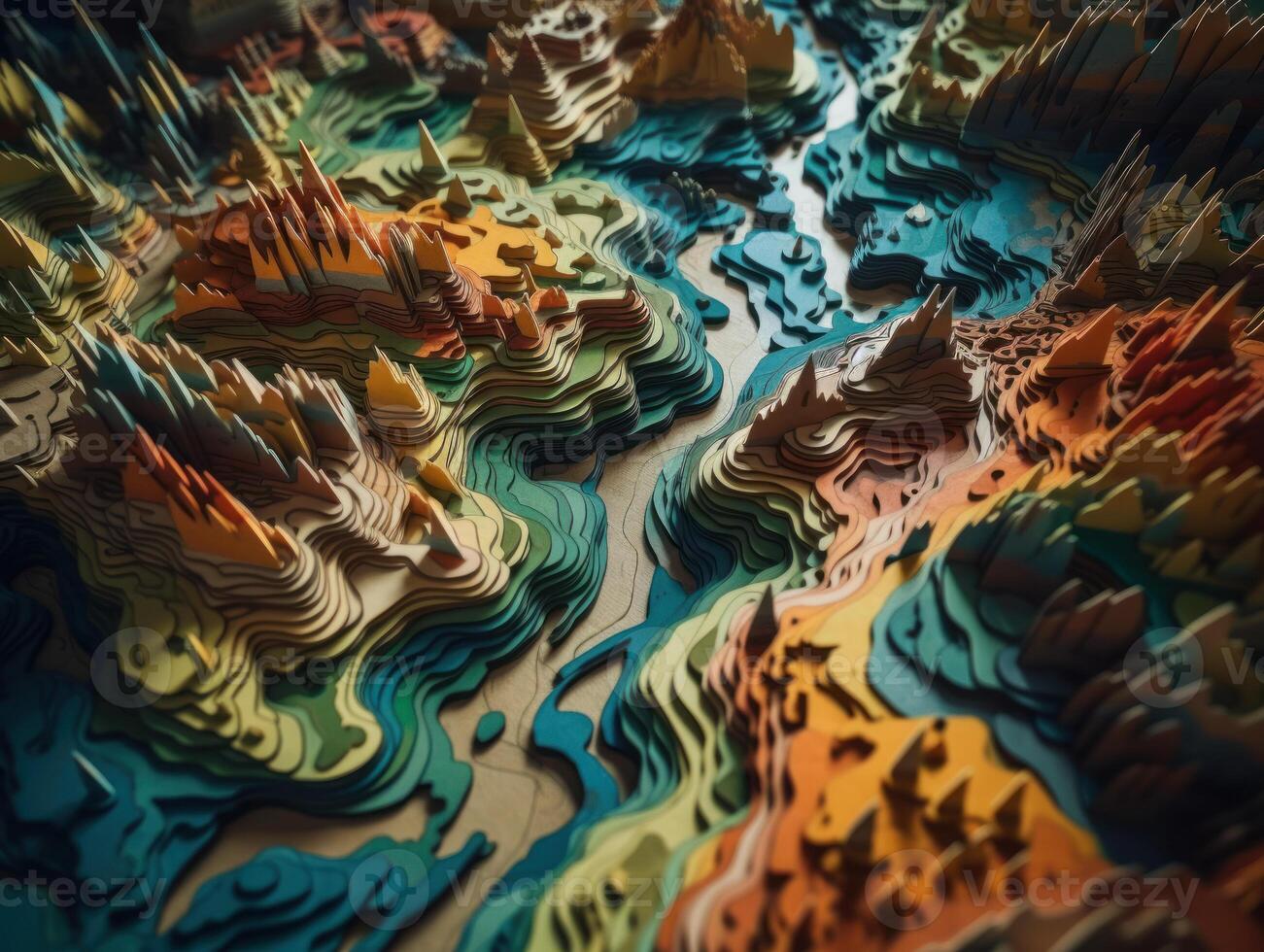 Colorful paper cut terrain mountains background created with technology. photo