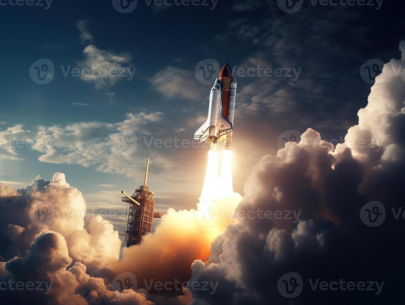 Space shuttle taking off into the sky Created with technology photo