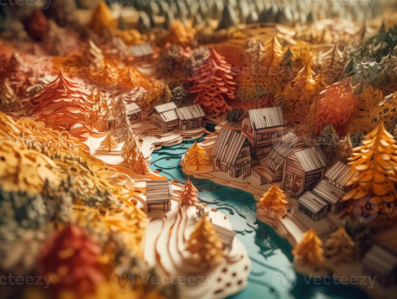 Colorful papercraft medieval city paper cut terrain background created with technology. photo
