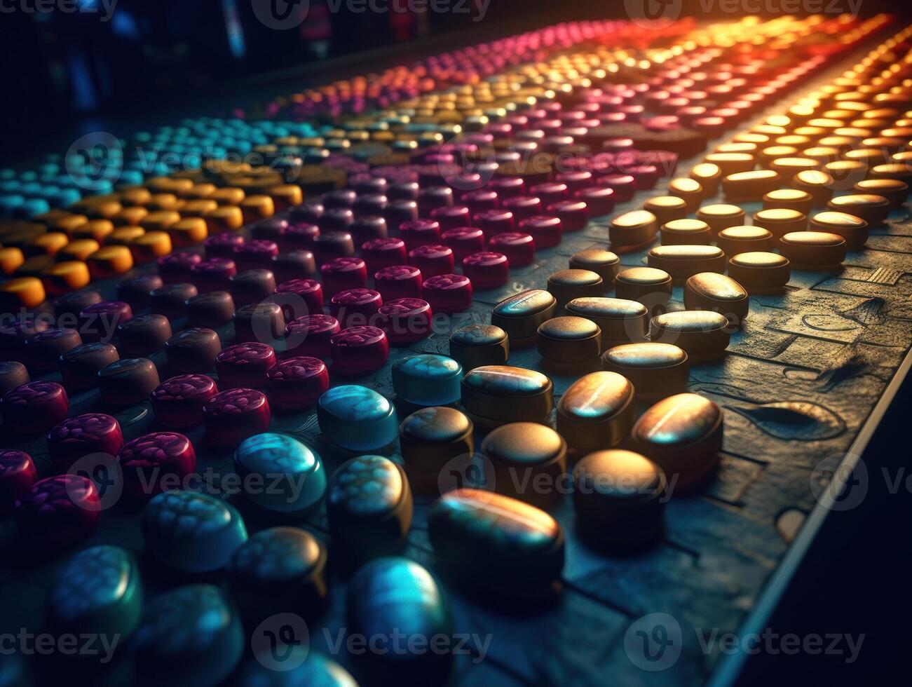 Many colorful pills on a dark background Geometric composition Created with technology photo