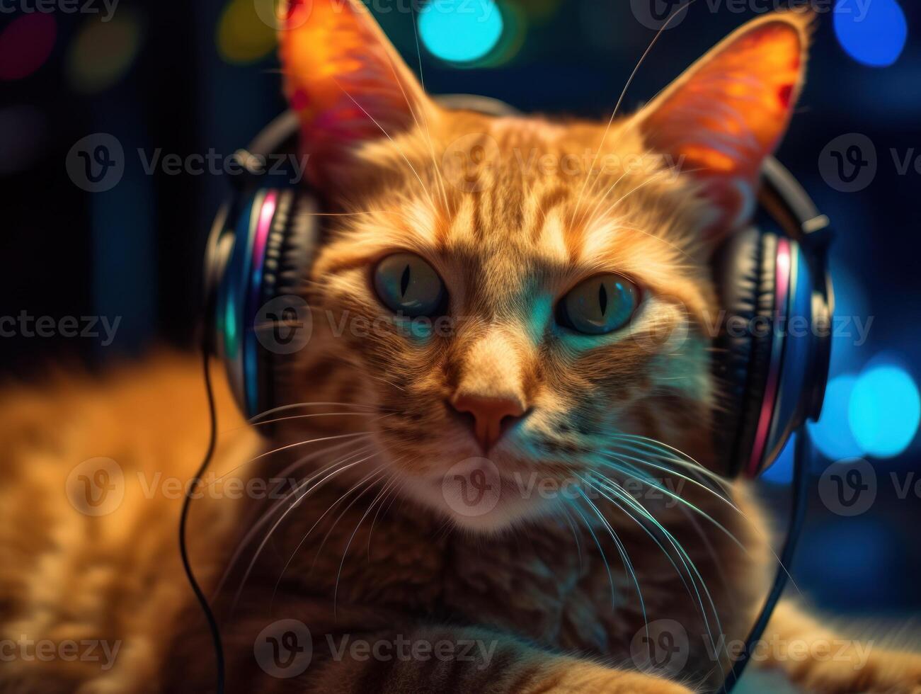 Cat in big headphones enjoys music. Created with technology photo