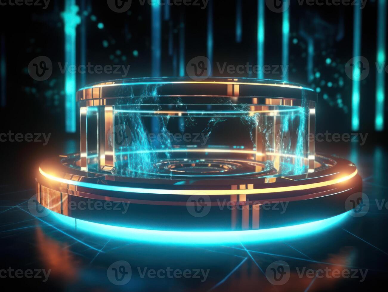 Fantastic Circle holograms magic portals. Futuristic round stage with neon lights. Glowing round stage on a dark background. Created with technology photo