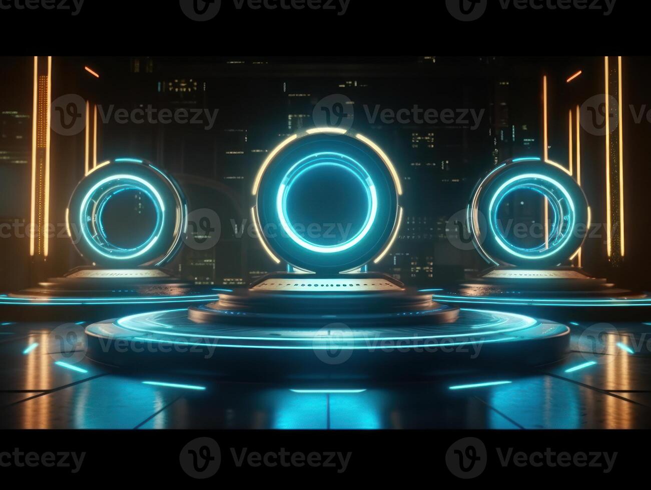 Fantastic Circle holograms magic portals. Futuristic round stage with neon lights. Glowing round stage on a dark background. Created with technology photo