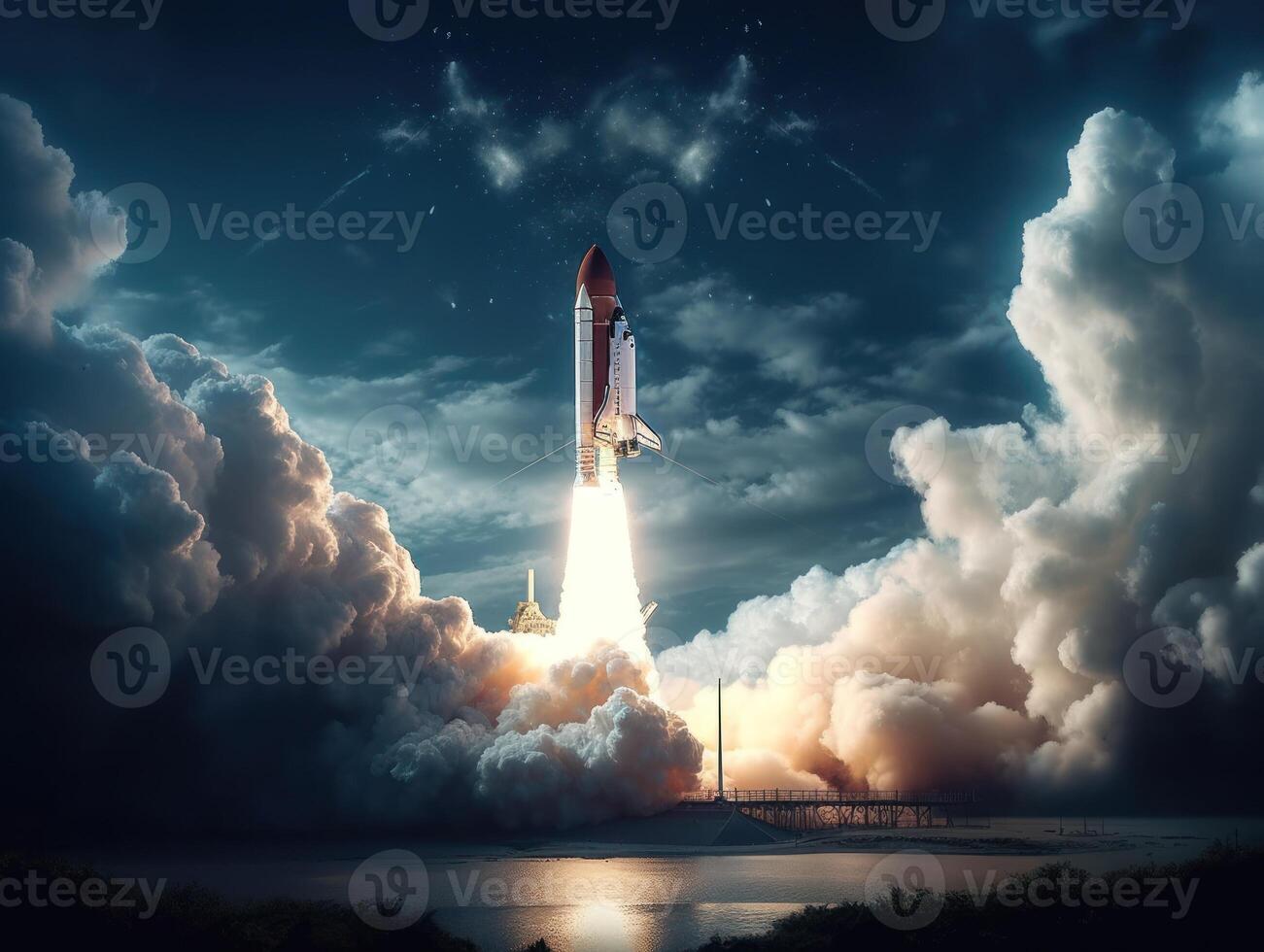 Space shuttle taking off into the sky Created with technology photo